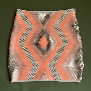 Y2K Bebe Sequin Party Skirt Geometric Festival Mini Peach Silver S